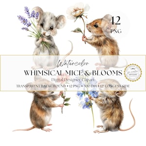 Clipart aquarelle souris et fleurs, souris mignonnes, 12 PNG de haute qualité, créations numériques en papier, fabrication de cartes, scrapbooking, technique mixte