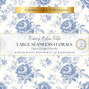 Elegant French blue seamless florals with dramatic large flowers, classic toile-inspired detail, and a refined blue and white colour palette for printable scrapbook papers, junk journal supplies, handmade cards, wedding stationery, digital backgrounds, and feminine paper craft projects.