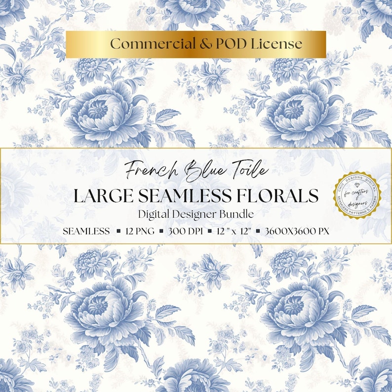 Elegant French blue seamless florals with dramatic large flowers, classic toile-inspired detail, and a refined blue and white colour palette for printable scrapbook papers, junk journal supplies, handmade cards, wedding stationery, digital backgrounds, and feminine paper craft projects.