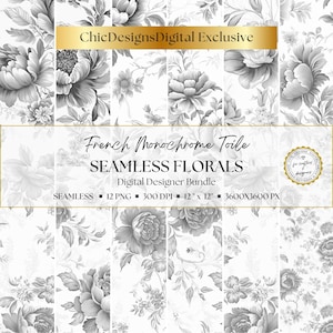 Papeles digitales de toile francés en blanco y negro, patrones florales sin costuras, elegantes fondos vintage para scrapbooking y junk journaling, PNG