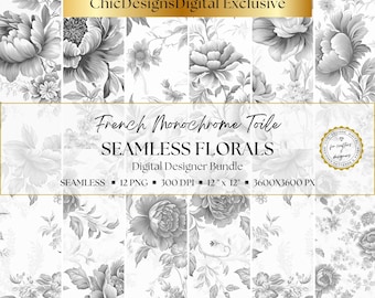 Black & White French Toile Digital Papers, Seamless Floral Patterns, Elegant Vintage Backgrounds for Scrapbooking and Junk Journaling, PNG