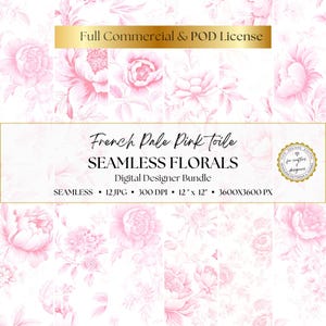 French Pale Pink Floral Toile de Jouy Digital Paper, 12 Seamless Patterns, Scrapbooking, Junk Journal, Digital Download, Commercial Use, JPG