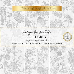 French Soft Grey Toile de Jouy Digital Papers, Seamless Floral Patterns, Black & White Backgrounds for Scrapbooking, Junk Journals, Crafts