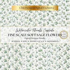 May include: Digital designer bundle featuring a repeating pattern of fine-scale soft sage flowers. The image includes the text "Watercolor Florals Capsule" and "ChicDesignsDigital Exclusive". The pattern is 12" x 12" and 3600x3600 px.