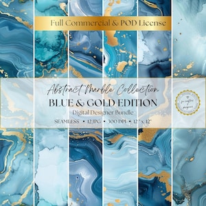 Abstract Marble Digital Paper Pack, Seamless Gold & Blue Texture Pattern, Luxury Ink Design Backgrounds for Crafts, Scrapbooking,  Download