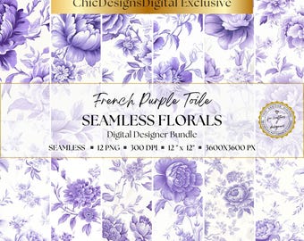 Regal Purple Toile de Jouy Digital Papers, 12 Seamless Floral Patterns for Scrapbooking, Journals, Elegant Invitations & Backgrounds, PNG