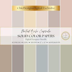 May include: A digital designer bundle featuring a collection of muted boho solid color papers. The image displays a grid of various soft, neutral colors, including beige, gray, and pink. The text reads "Muted Boho Capsule Solid Color Papers" and "Digital Designer Bundle".