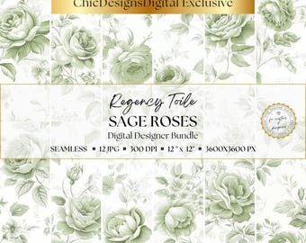 Regency Sage Rose Toile Digital Papers: 12 Seamless Botanical Floral Patterns for Scrapbooking, Journals, Paper Crafts, Instant Download