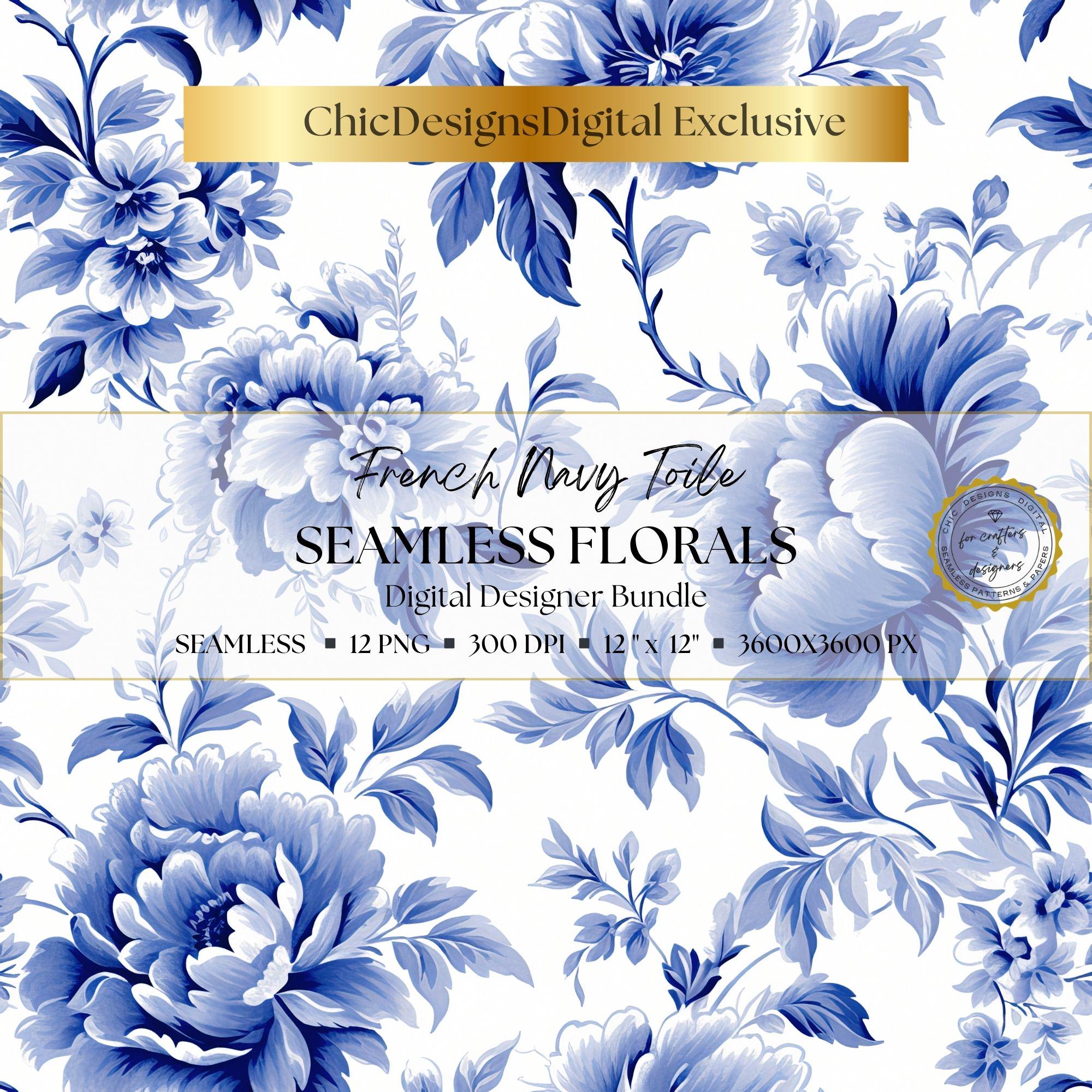 French Navy Blue Floral Toile De Jouy Digital Papers: 12 Seamless ...