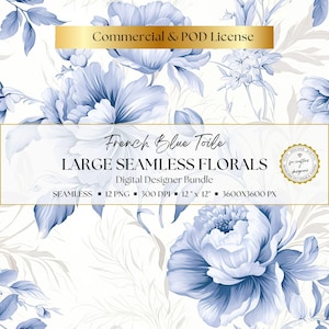 Elegant French blue seamless florals with dramatic large flowers, classic toile-inspired detail, and a refined blue and white colour palette for printable scrapbook papers, junk journal supplies, handmade cards, wedding stationery, digital backgrounds, and feminine paper craft projects.