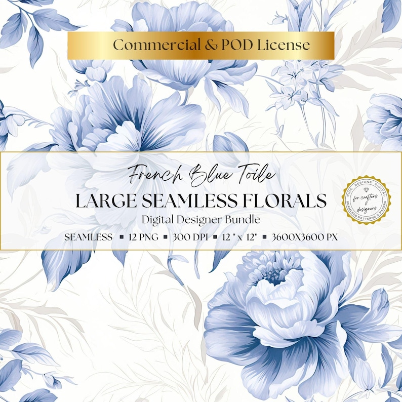 Elegant French blue seamless florals with dramatic large flowers, classic toile-inspired detail, and a refined blue and white colour palette for printable scrapbook papers, junk journal supplies, handmade cards, wedding stationery, digital backgrounds, and feminine paper craft projects.