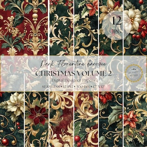 Weihnachten Florentiner Digitales Papier, 12 dunkle barocke nahtlose Muster, Scrapbooking, Junk Journal, sofortiger digitaler Download, kommerzielle Nutzung