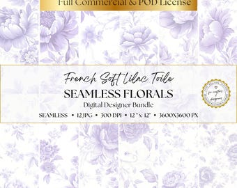 French Soft Lilac Floral Toile de Jouy Digital Paper, 12 Seamless Patterns for Scrapbooking, Junk Journals, Digital Download, Commercial Use