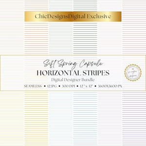 Może przedstawiać: Cyfrowy pakiet projektanta z bezszwowymi poziomymi paskami w miękkich wiosennych kolorach. Obraz zawiera tekst "Soft Spring Capsule Horizontal Stripes" i "ChicDesignsDigital Exclusive". Pakiet zawiera 12 plików JPG, 300 DPI, 30,48 cm x 30,48 cm i 3600x3600 PX.