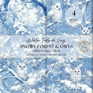 Christmas Toile Winter Owls & Snow Forest, carta digitale PNG senza soluzione di continuità, scene della natura, fauna selvatica, diari spazzatura, artigianato, biglietti, scrapbooking