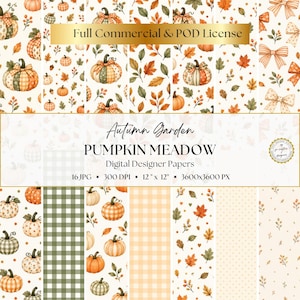Può includere: Una collezione di carta digitale intitolata Autumn Garden PUMPKIN MEADOW con 16 file JPG a 300 DPI e dimensioni di 30,48 cm per 30,48 cm. I motivi includono zucche arancioni, foglie autunnali, quadretti vichy verdi, fiocchi e pois su sfondi color crema.
