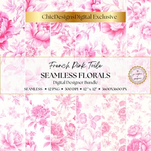 French Pink Floral Toile de Jouy Digital Paper, 12 Seamless Patterns, Scrapbooking, Junk Journal, Stationery, Invitation, Instant Download,
