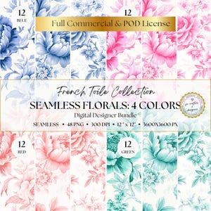 French Floral Toile de Jouy Digital Paper Bundle, 12 Seamless Patterns, Scrapbooking, Junk Journal, Instant Digital Download,