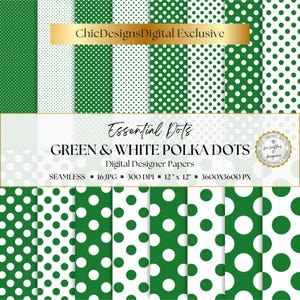 May include: A collection of sixteen digital papers featuring green and white polka dot patterns in various sizes. The text reads ChicDesignsDigital Exclusive, Essential Dots, GREEN & WHITE POLKA DOTS, Digital Designer Papers, SEAMLESS, 16 JPG, 300 DPI, 12 x 12, 3600X3600 PX.