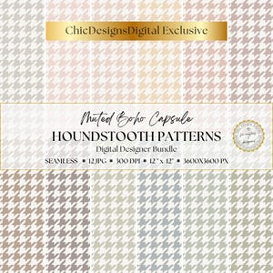 May include: A digital designer bundle featuring muted boho houndstooth patterns. The image displays a variety of seamless patterns in neutral tones, including beige, gray, and pink. The text reads "Muted Boho Capsule Houndstooth Patterns".