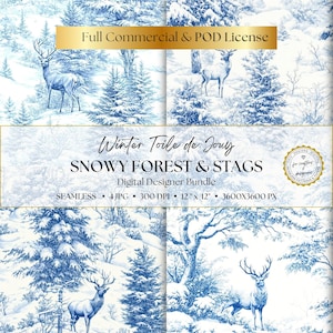 Weihnachten Blau Toile de Jouy Digitales Papier, verschneiter Wald & majestätischer Hirsch Hintergrund, Winter Design Muster, Scrapbook, Junk Journal