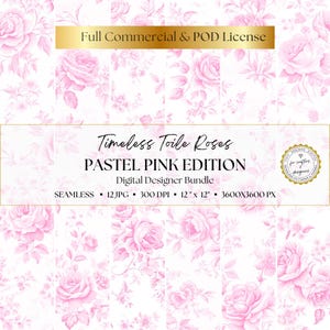 Rosa Rosen Toile de Jouy Digitales Papier, 12 Florale Nahtlose Muster, Scrapbooking, Junk Journal, sofortiger digitaler Download, kommerzielle Nutzung