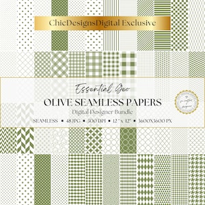 Peut inclure: Un ensemble de papiers numériques sans couture vert olive avec divers motifs géométriques. L'image comprend le texte "Essential Geo OLIVE SEAMLESS PAPERS" et "ChicDesignsDigital Exclusive". Le lot contient 48 fichiers JPG, 30.48 cm x 30.48 cm à 300 DPI.