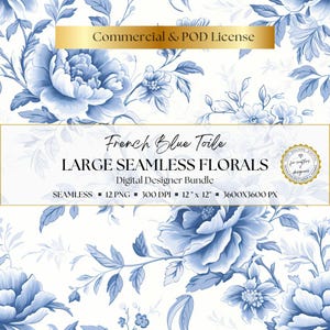 Grand-scale blue toile floral digital paper bundle featuring oversized seamless botanical patterns in soft French blue on white, ideal for junk journaling, ephemera, card fronts, invitations, planner inserts, collage work, and romantic vintage-style craft designs.