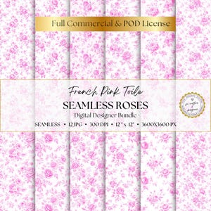 French Pink Roses Toile de Jouy Digital Paper, 12 Seamless Patterns, Background, Scrapbooking, Journaling, Instant Download, Commercial Use