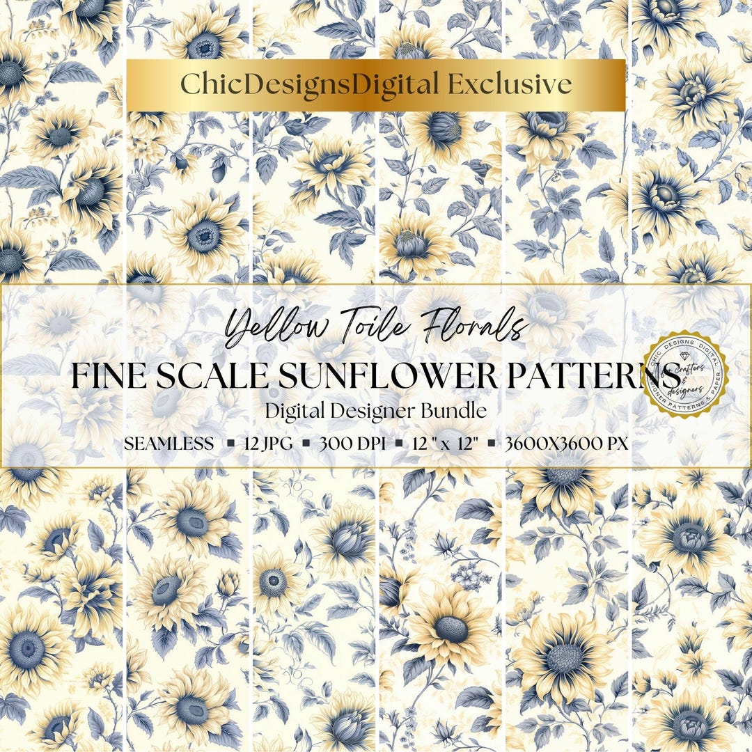 Yellow Floral Toile Digital Papers: Seamless Fine Scale Sunflower ...
