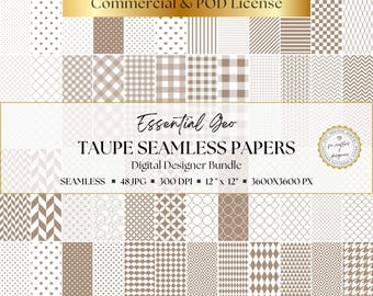 Taupe Digital Papers: Essential Geo Collection, 48 sömlösa neutrala mönster (prickar, gingham, ränder, rutor) för scrapbooking och korttillverkning