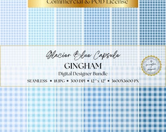 Glacier Blue Gingham Digital Papers: 18 Seamless Blue Gingham Patterns, Geometric Check Backgrounds for Junk Journals & Scrapbooking