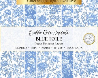 Blue Toile Digital Papers, Chinoiserie Floral Patterns, Seamless Blue & White Floral Backgrounds, French Toile De Jouy Paper Pack