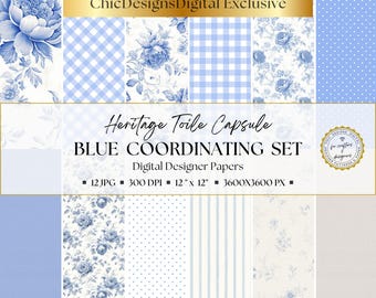 French Blue Floral Toile Digital Paper Set, 12 Cottagecore Scrapbook Papers, Coordinating Gingham, Stripes, Dots, Ditsy Flowers & Textures