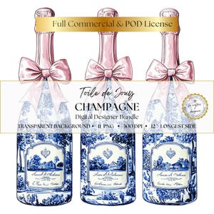 Toile de Jouy Champagne Trio Clipart, Garrafa de champanhe azul e rosa PNG, Casamentos, Convites, Scrapbooking, Artesanato e Impressão sob demanda
