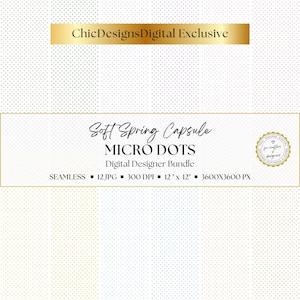 Op de afbeelding: Digitale designerbundel met microstippen in verschillende pastelkleuren. De afbeelding bevat de tekst "Soft Spring Capsule MICRO DOTS" en "ChicDesignsDigital Exclusive". De bundel bevat 12 JPG-bestanden, 300 DPI, 30,48 cm x 30,48 cm (3600x3600 px).