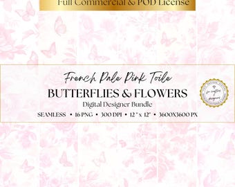 Pale Pink Toile Digital Papers: 16 Seamless Butterfly & Floral Patterns for Scrapbooking, Junk Journals, Baby Showers, Instant Download, PNG