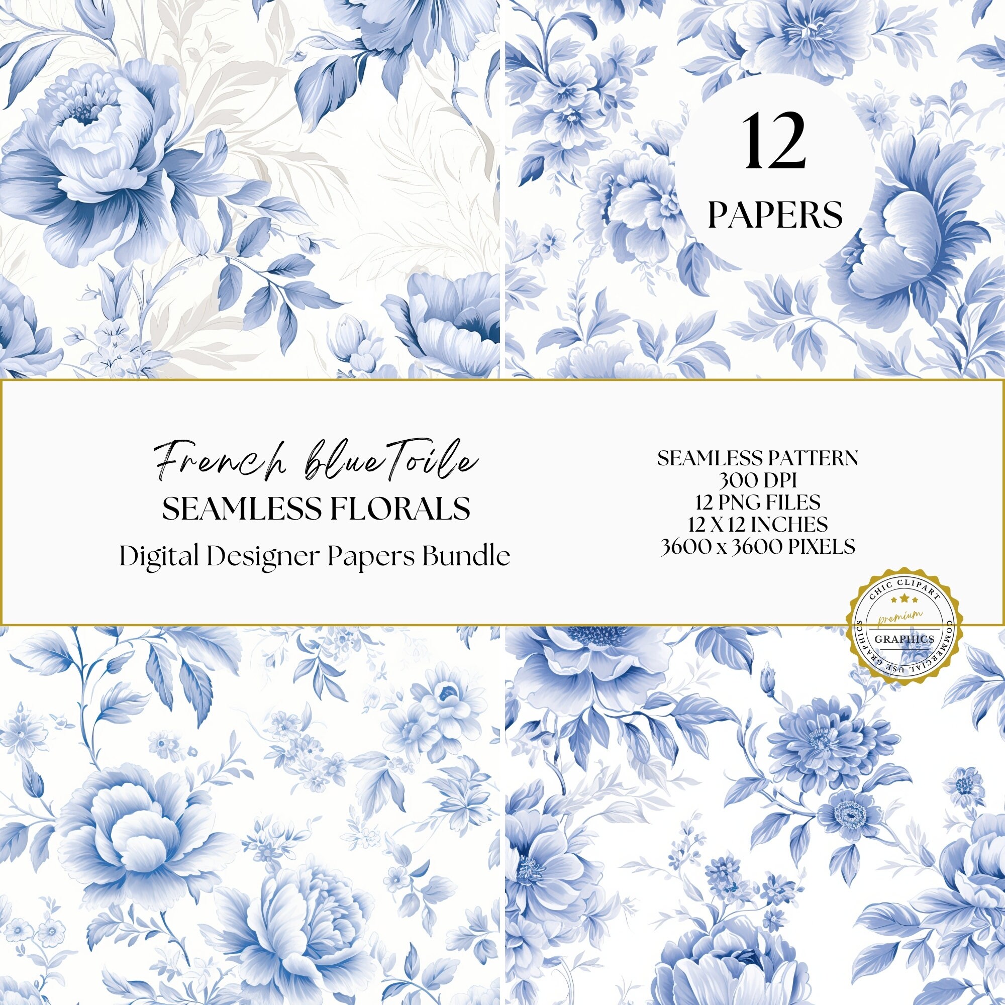 French Blue Floral Toile De Jouy Digital Paper, 12 Seamless Patterns ...