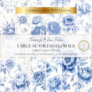 Papeles digitales Toile de Jouy florales en azul francés: 12 patrones florales sin costuras para scrapbooking, junk journaling y manualidades, uso comercial, PNG