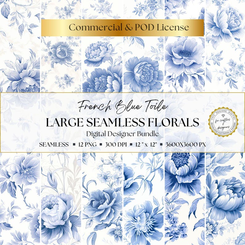 French blue toile floral digital papers in grand scale with seamless vintage-inspired blue and white flower patterns, elegant oversized blooms, and soft romantic botanical styling for junk journals, scrapbooking, card making, invitations, planner pages, and printable craft projects.
