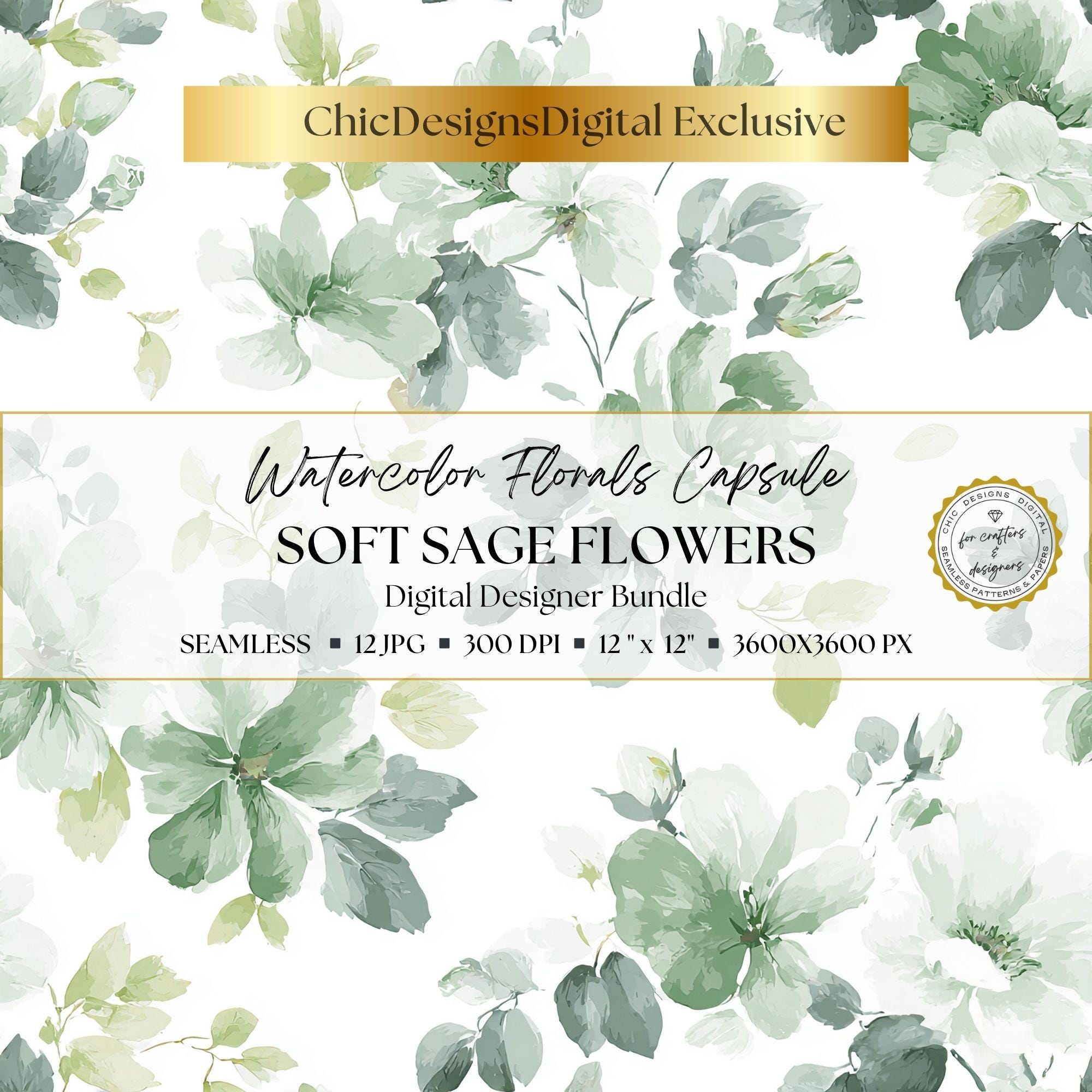 Sage Green Watercolor Floral Digital Papers: 12 Seamless Botanical ...