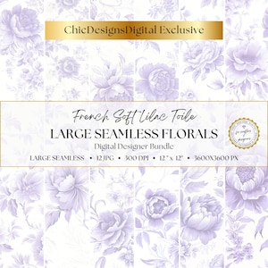Pode incluir: Um pacote de design digital intitulado ChicDesignsDigital Exclusive French Soft Lilac Toile Large Seamless Florals. A imagem mostra doze arquivos JPG de 30,48 cm por 30,48 cm a 300 DPI e 3600x3600 pixels, com padrões florais lilás claros repetidos sobre um fundo branco.