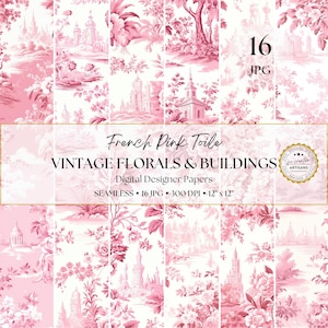 Roze digitaal Toile de Jouy-papier met gebouwen, vintage bloemen en architecturale patronen: scrapbooking, naadloze achtergronden, junkjournals