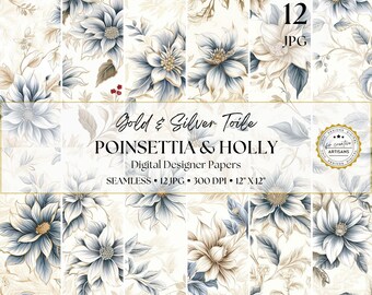 Gold & Silver Christmas Toile Papers, 12 Seamless Poinsettia and Holly Designs for Elegant Winter Scrapbooking, Journals and Invitations