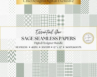 Sage Digital Papers: Essential Geo Collection, 48 Seamless Patterns (Dots, Gingham, Stripes, Checkerboard) for Scrapbooking & Junk Journals