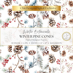 Op de afbeelding: Een digitale papierset getiteld Winter Botanicals Winter Pine Cones met aquarelillustraties van bruine dennenappels, groene dennennaalden en rode bessen op een witte achtergrond. Bevat 6 JPG-bestanden van 30,48 x 30,48 cm en 300 DPI.