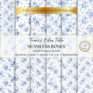 Papel Digital Toile de Jouy com Rosas Azuis Francesas, 12 Padrões Sem Costura, Plano de Fundo, Scrapbooking, Diário, Download Instantâneo, Uso Comercial