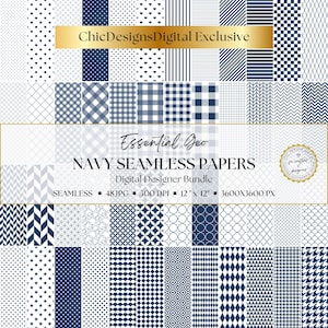 May include: A digital designer bundle showcasing navy seamless papers with diverse geometric patterns. The image presents 48 JPG files, each 30.48 cm x 30.48 cm at 300 DPI, featuring designs such as polka dots, stripes, and geometric shapes.