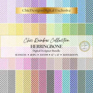 May include: A digital designer bundle featuring a herringbone pattern in a variety of colors. The image includes text that reads "Chic Rainbow Collection" and "Digital Designer Bundle". The bundle includes 48 seamless JPG files, 12" x 12" at 300 DPI.
