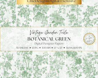 Green Toile De Jouy Digital Papers, Vintage Floral Patterns, Green & White Chinoiserie Backgrounds, French Toile Junk Journal Paper Pack